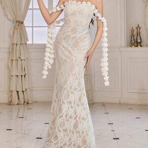 Strapless Lace Evening Dress in Cream